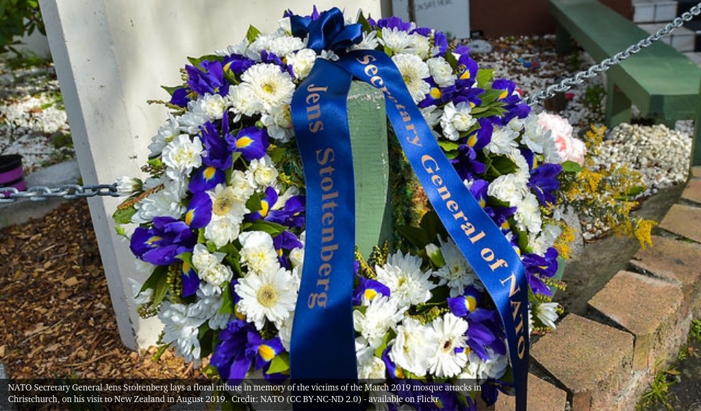 NATO Secretary General Jens Stoltenberg's floral tribute in memory of the victims of the March 2019 Christchurch mosque attacks, laid on his visit to New Zealand in August 2019