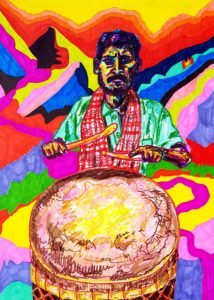 Adivasi drummer artwork by K. Cheeseman